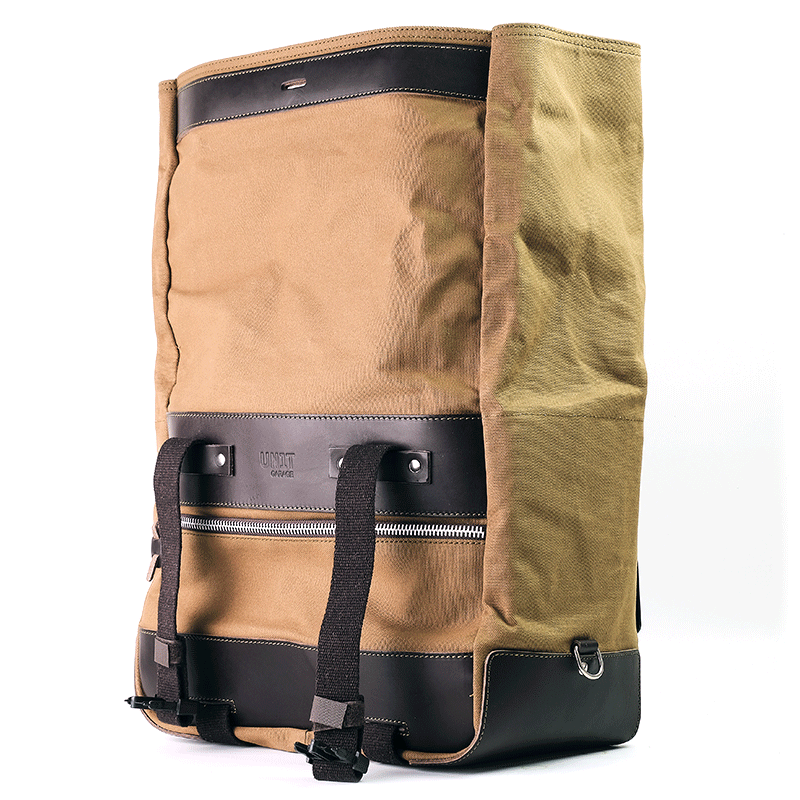 Cult side pannier in waxed cotton with aluminium back plate + stainless steel quick release system and lock