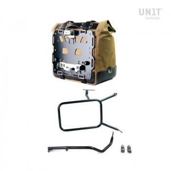 Cult side pannier in waxed cotton with aluminium back plate + stainless steel quick release system and lock + Right subframe nineT for Atlas aluminum panniers