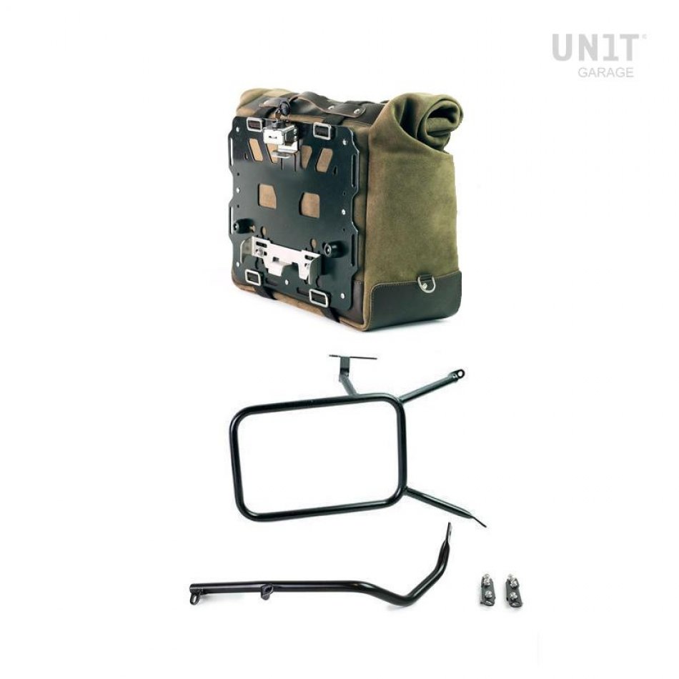 Cult side pannier in waxed suede with aluminium back plate + stainless steel quick release system and lock + Right subframe nineT for Atlas aluminum panniers