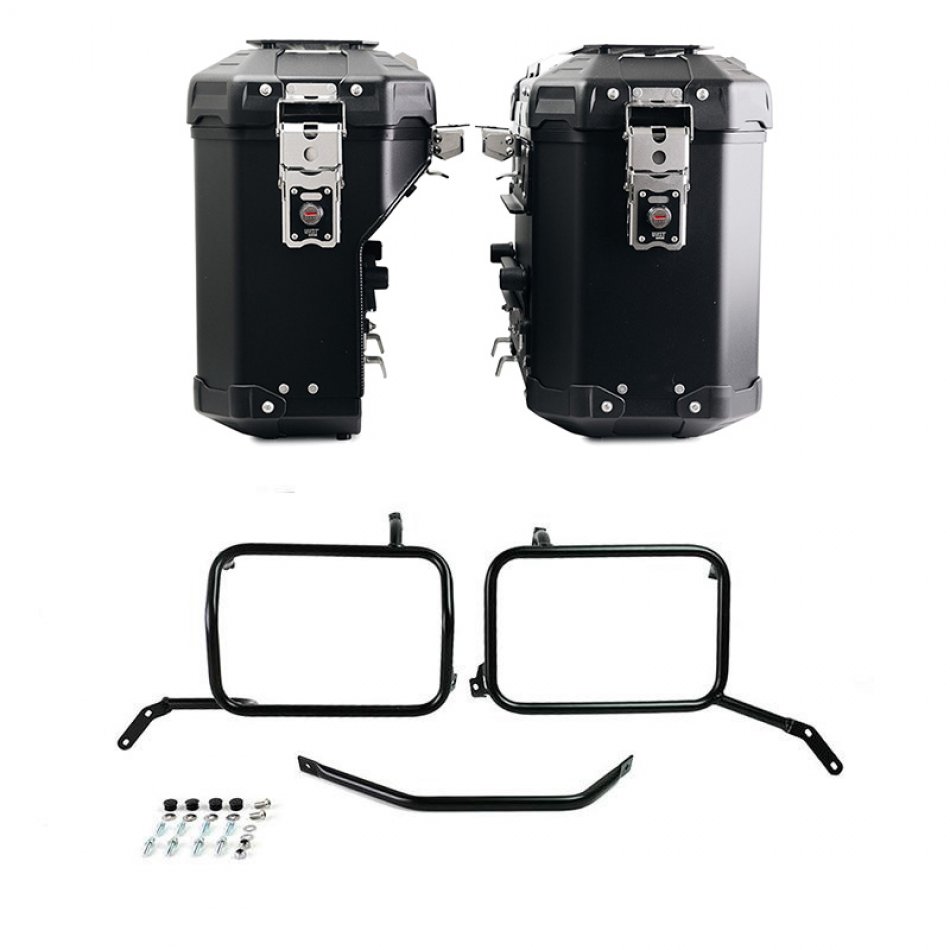 Pair of Atlas aluminium bags 39L+32L + Inox Subframe for Aluminium side panniers Moto Guzzi V85TT