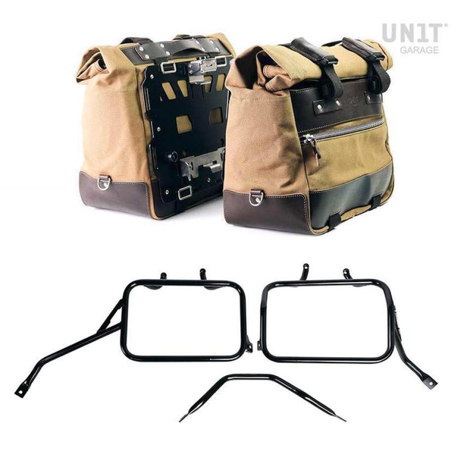 Pair of Cult side bags in Canvas 40L - 50L + Pair of aluminum plates + Subframes for aluminum side panniers Atlas for Triumph Tracker 400