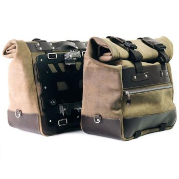 Pair of Cult side panniers in waxed suede with aluminium back plate + pair of stainless steel quick release system and lock