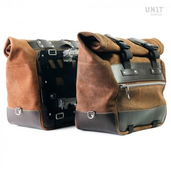 Pair of Cult side panniers in waxed suede with aluminium back plate + pair of stainless steel quick release system and lock