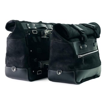 Pair of Cult side panniers in waxed suede with aluminium back plate + pair of stainless steel quick release system and lock