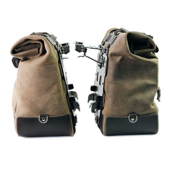 Pair of Cult side panniers in waxed suede with aluminium back plate + pair of stainless steel quick release system and lock