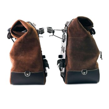 Pair of Cult side panniers in waxed suede with aluminium back plate + pair of stainless steel quick release system and lock