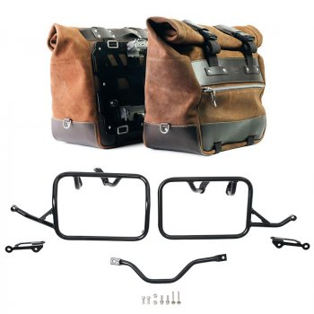 Pair of Cult side panniers in waxed suede with aluminium back plate + pair of stainless steel quick release system and lock + Subframes BMW R12 G/S