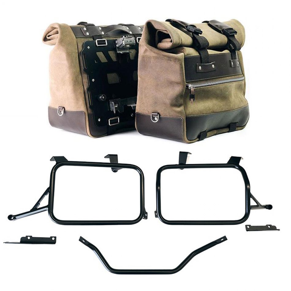 Pair of Cult side panniers in waxed suede with aluminium back plate + pair of stainless steel quick release system and lock + Subframes Honda CRF1100L Africa Twin & Adventure Sports (2024 until now)