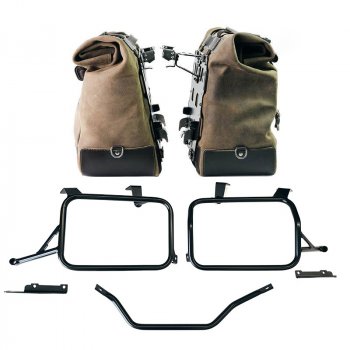 Pair of Cult side panniers in waxed suede with aluminium back plate + pair of stainless steel quick release system and lock + Subframes Honda CRF1100L Africa Twin & Adventure Sports (2024 until now)