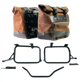 Pair of Cult side panniers in waxed suede with aluminium back plate + pair of stainless steel quick release system and lock + Subframes Honda CRF1100L Africa Twin & Adventure Sports (2024 until now)