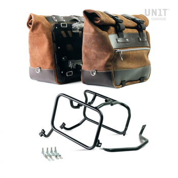 Pair of Cult side panniers in waxed suede with aluminium back plate + pair of stainless steel quick release system and lock + KTM frames for Atlas aluminum side panniers