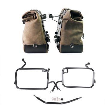 Pair of Cult side panniers in waxed suede with aluminium back plate + pair of stainless steel quick release system and lock + Subframes for aluminum side panniers Atlas BMW F450GS