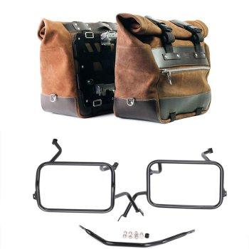 Pair of Cult side panniers in waxed suede with aluminium back plate + pair of stainless steel quick release system and lock + Subframes for aluminum side panniers Atlas BMW F450GS