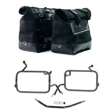 Pair of Cult side panniers in waxed suede with aluminium back plate + pair of stainless steel quick release system and lock + Subframes for aluminum side panniers Atlas BMW F450GS