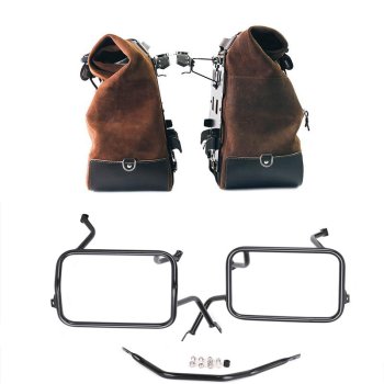 Pair of Cult side panniers in waxed suede with aluminium back plate + pair of stainless steel quick release system and lock + Subframes for aluminum side panniers Atlas BMW F450GS