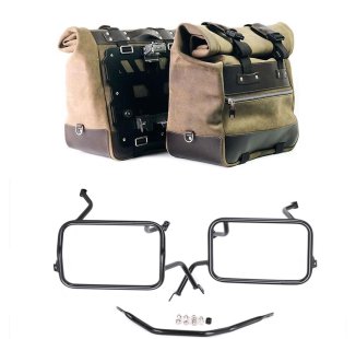 Pair of Cult side panniers in waxed suede with aluminium back plate + pair of stainless steel quick release system and lock + Subframes for aluminum side panniers Atlas BMW F450GS