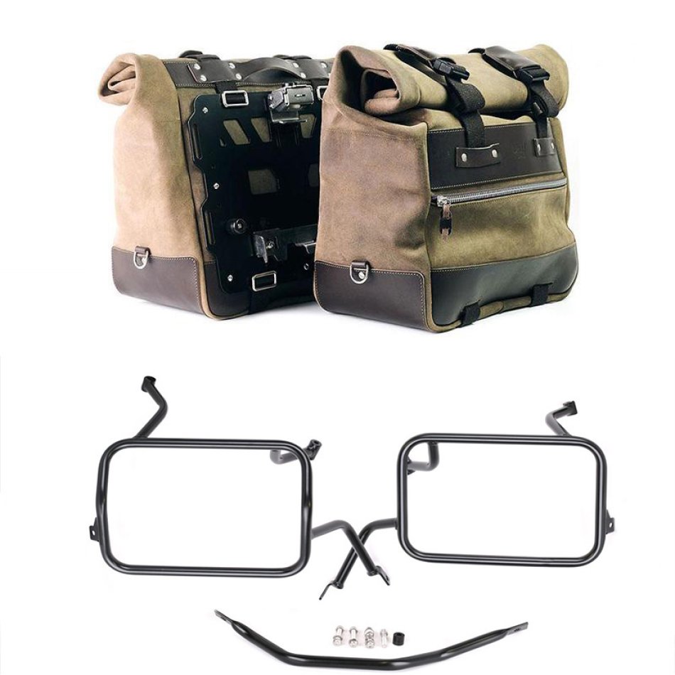 Pair of Cult side panniers in waxed suede with aluminium back plate + pair of stainless steel quick release system and lock + Subframes for aluminum side panniers Atlas BMW F450GS