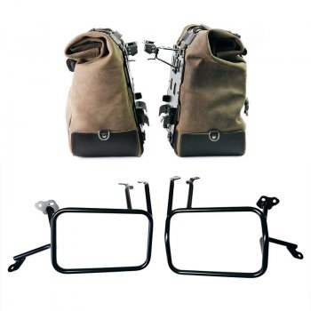Pair of Cult side panniers in waxed suede with aluminium back plate + pair of stainless steel quick release system and lock + Aluminium bag frames Atlas KTM 1290/1390 Super Adventure S-R