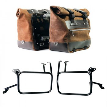 Pair of Cult side panniers in waxed suede with aluminium back plate + pair of stainless steel quick release system and lock + Aluminium bag frames Atlas KTM 1290/1390 Super Adventure S-R