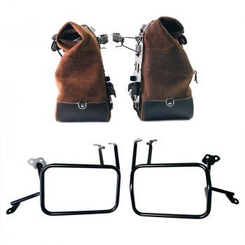 Pair of Cult side panniers in waxed suede with aluminium back plate + pair of stainless steel quick release system and lock + Aluminium bag frames Atlas KTM 1290/1390 Super Adventure S-R