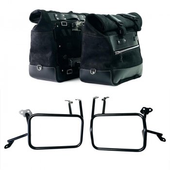 Pair of Cult side panniers in waxed suede with aluminium back plate + pair of stainless steel quick release system and lock + Aluminium bag frames Atlas KTM 1290/1390 Super Adventure S-R