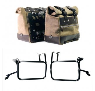 Pair of Cult side panniers in waxed suede with aluminium back plate + pair of stainless steel quick release system and lock + Aluminium bag frames Atlas KTM 1290/1390 Super Adventure S-R
