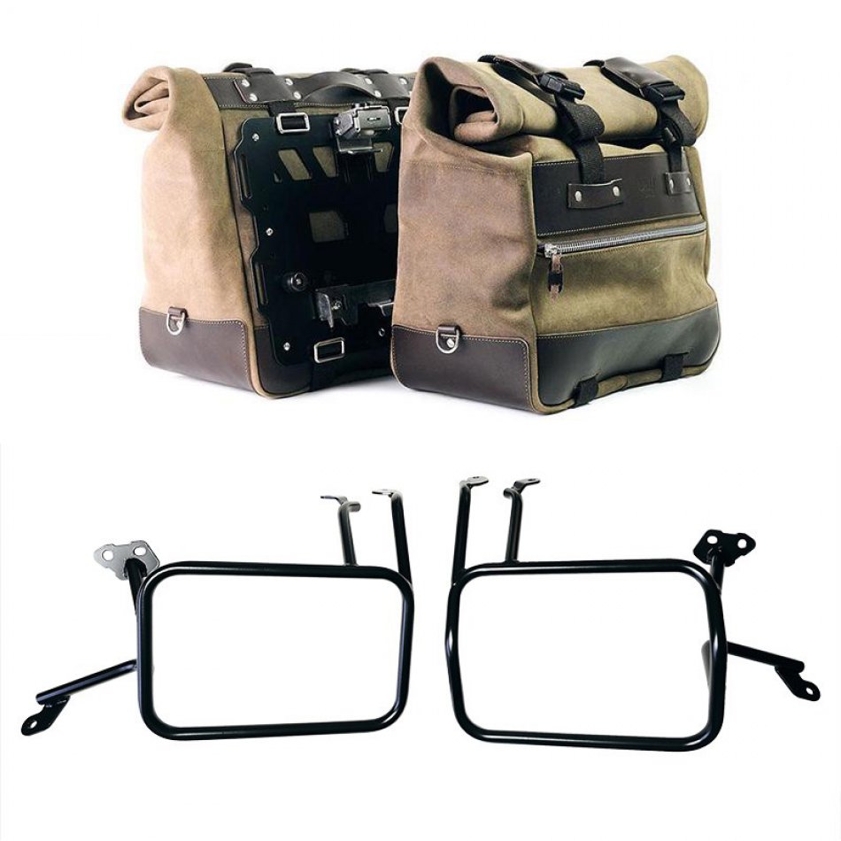 Pair of Cult side panniers in waxed suede with aluminium back plate + pair of stainless steel quick release system and lock + Aluminium bag frames Atlas KTM 1290/1390 Super Adventure S-R