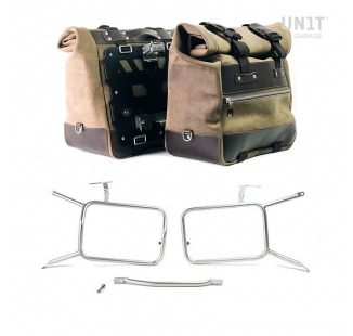 Pair of Cult side panniers in waxed suede with aluminium back plate + pair of stainless steel quick release system and lock + Inox Subframe NineT-Series