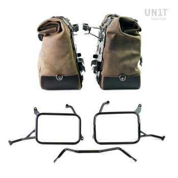 Pair of Cult side panniers in waxed suede with aluminium back plate + pair of stainless steel quick release system and lock + Inox Subframes for Atlas aluminum side panniers Yamaha Ténéré 700