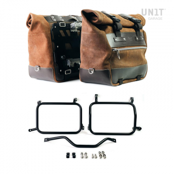 Pair of Cult side panniers in waxed suede with aluminium back plate + pair of stainless steel quick release system and lock + Inox Subframes for Atlas aluminum side panniers Yamaha Ténéré 700