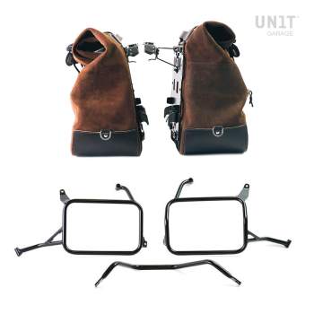 Pair of Cult side panniers in waxed suede with aluminium back plate + pair of stainless steel quick release system and lock + Inox Subframes for Atlas aluminum side panniers Yamaha Ténéré 700