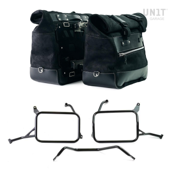 Pair of Cult side panniers in waxed suede with aluminium back plate + pair of stainless steel quick release system and lock + Inox Subframes for Atlas aluminum side panniers Yamaha Ténéré 700