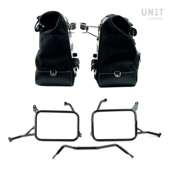 Pair of Cult side panniers in waxed suede with aluminium back plate + pair of stainless steel quick release system and lock + Inox Subframes for Atlas aluminum side panniers Yamaha Ténéré 700