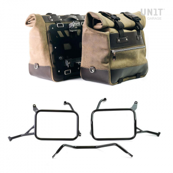 Pair of Cult side panniers in waxed suede with aluminium back plate + pair of stainless steel quick release system and lock + Inox Subframes for Atlas aluminum side panniers Yamaha Ténéré 700