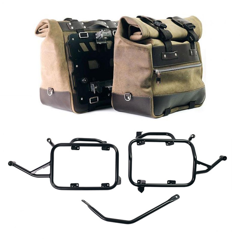 Pair of Cult side panniers in waxed suede with aluminium back plate + pair of stainless steel quick release system and lock + Inox Subframe for Aluminium side panniers BMW F900GS