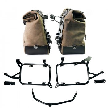 Pair of Cult side panniers in waxed suede with aluminium back plate + pair of stainless steel quick release system and lock + Inox Subframe for Aluminium side panniers BMW F900GS ADV