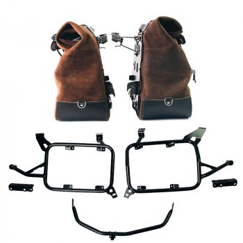 Pair of Cult side panniers in waxed suede with aluminium back plate + pair of stainless steel quick release system and lock + Inox Subframe for Aluminium side panniers BMW F900GS ADV