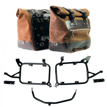 Pair of Cult side panniers in waxed suede with aluminium back plate + pair of stainless steel quick release system and lock + Inox Subframe for Aluminium side panniers BMW F900GS ADV
