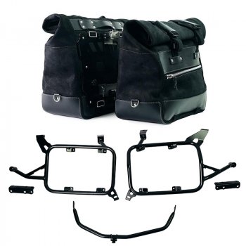 Pair of Cult side panniers in waxed suede with aluminium back plate + pair of stainless steel quick release system and lock + Inox Subframe for Aluminium side panniers BMW F900GS ADV