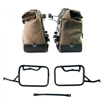 Pair of Cult side panniers in waxed suede with aluminium back plate + pair of stainless steel quick release system and lock + Subframes for aluminum side panniers Atlas BMW R12 NineT
