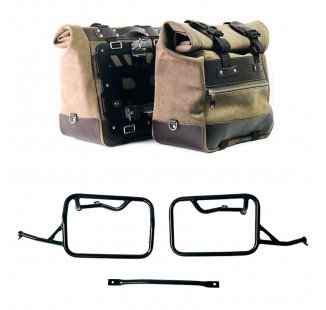 Pair of Cult side panniers in waxed suede with aluminium back plate + pair of stainless steel quick release system and lock + Subframes for aluminum side panniers Atlas BMW R12 NineT