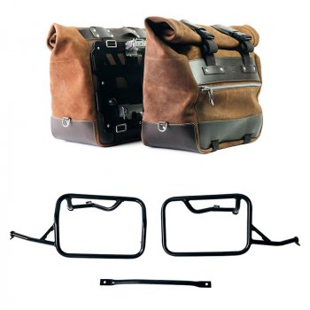 Pair of Cult side panniers in waxed suede with aluminium back plate + pair of stainless steel quick release system and lock + Subframes for aluminum side panniers Atlas BMW R12 NineT