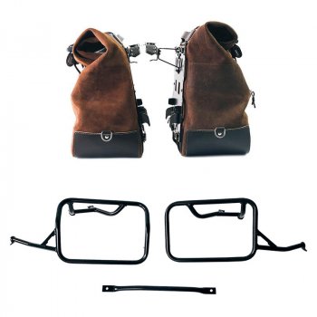 Pair of Cult side panniers in waxed suede with aluminium back plate + pair of stainless steel quick release system and lock + Subframes for aluminum side panniers Atlas BMW R12 NineT