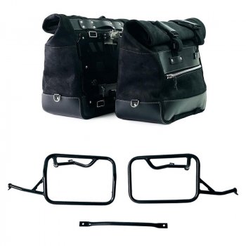 Pair of Cult side panniers in waxed suede with aluminium back plate + pair of stainless steel quick release system and lock + Subframes for aluminum side panniers Atlas BMW R12 NineT