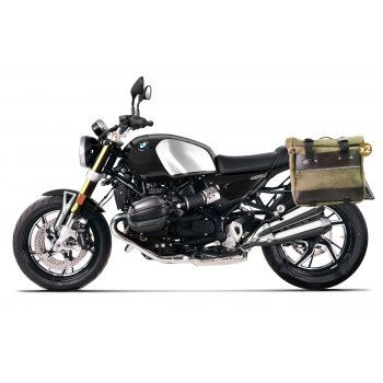 Pair of Cult side panniers in waxed suede with aluminium back plate + pair of stainless steel quick release system and lock + Subframes for aluminum side panniers Atlas BMW R12 NineT