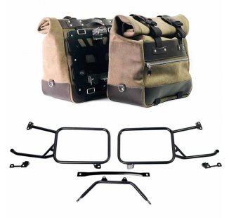 Pair of Cult side panniers in waxed suede with aluminium back plate + pair of stainless steel quick release system and lock + Subframes for aluminum side panniers Atlas ​​​​​​​Moto Guzzi Stelvio (2024 until now)