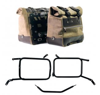 Pair of Cult side panniers in waxed suede with aluminium back plate + pair of stainless steel quick release system and lock + Inox Subframe for Aluminium side panniers Moto Guzzi V85 TT (2024 until now)