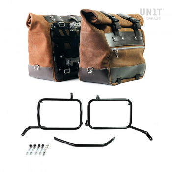 Pair of Cult side panniers in waxed suede with aluminium back plate + pair of stainless steel quick release system and lock + Inox Subframe for Aluminium side panniers Moto Guzzi V85TT