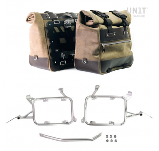Pair of Cult side panniers in waxed suede with aluminium back plate + pair of stainless steel quick release system and lock + Subframes for aluminum side panniers Atlas R1200GS LC - R1250GS & ADV
