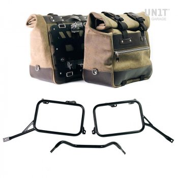 Pair of Cult side panniers in waxed suede with aluminium back plate + pair of stainless steel quick release system and lock + Subframes for aluminum side panniers Atlas ​​​​​​​i modelli Triumph Bonneville T120